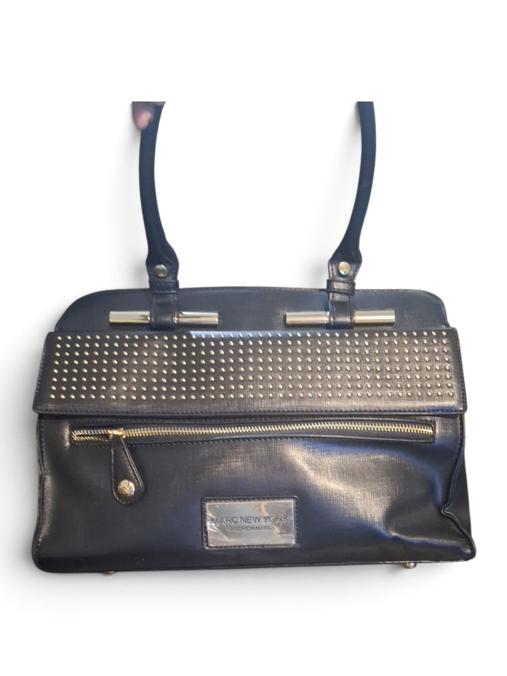 Marc New York Black Leather Shoulder Bag with Gold Stud Accents